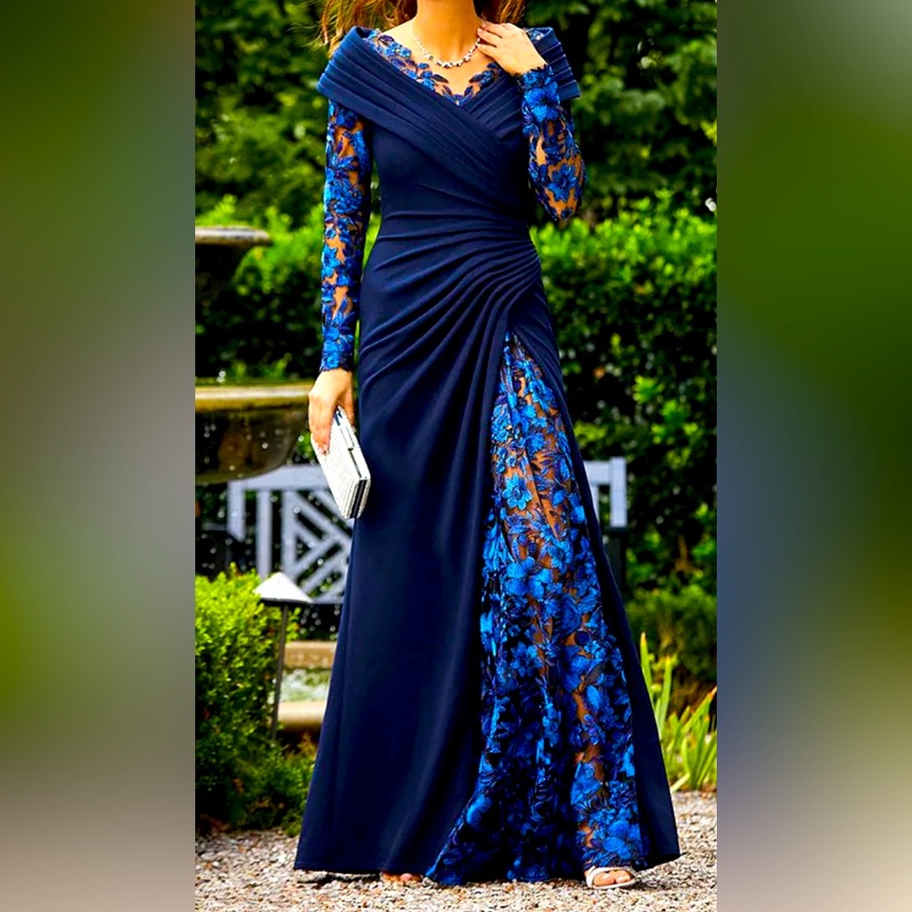 NWT TADASHI SHOJI-Portrait Collar Lace Inset Crepe A-Line Gown